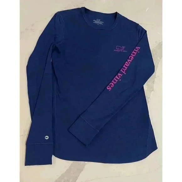 Vineyard Vine's Performance Blue Long Sleeve Top Pink Logo Women's Small - Picture 1 of 6